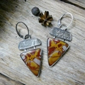 Detailed close-up of geometric triangle lever-back earrings with natural stone textures - Bohemian Triangle Stone Pattern Earrings