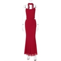 Elegant red two-piece mesh maxi dress set with halter neck and slim-fit bodycon design - S / Burgundy
