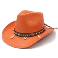 Bright orange woven straw cowboy hat with bohemian shell trim and colorful tassels - M (56-58cm) / Orange