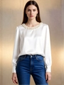 French style white satin long sleeve blouse with elegant pearl beaded crew neck - S / Top (808145) / White