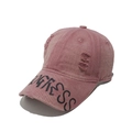 Detail of distressed pink baseball cap with PROGRESS text print on the brim and torn edge - M(56-58cm) / Dusky Pink