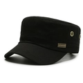 Classic black cotton canvas flat top military hat with side metal vents and logo - Adjustable / Metal Label-Black