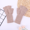 Detail of khaki ribbed knit fingerless gloves showing soft acrylic texture and long cuffs - One Size / Khaki
