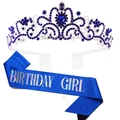 Blue Birthday Girl sash with silver rhinestone crown set for party accessories - One Size / Deep Blue Girl Set