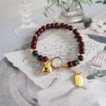 Deep red garnet bead bracelet featuring a gold rabbit charm and fook tag detail - S248 - Bringing Wealth And Good Fortune: Gold Powder Hello Kitty Cinnabar Bracelet #sz509