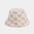 Close-up of beige checkerboard plush bucket hat showing thick faux fur texture - M / Beige
