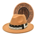 Detail of camel wool fedora hat featuring pearl ribbon and leopard print lining interior - M (56-58cm) / Camel