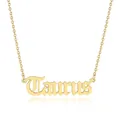 Detailed view of a gold Taurus zodiac pendant necklace with gothic lettering on a chain - Taurus (Gold)