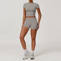Women's two-piece seamless grey yoga set with cropped short sleeve top and high waist shorts - S / Top And Bottom / Short Sleeve + Shorts / Frost Grey