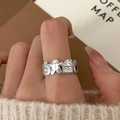 Silver twist open ring with gingerbread man and house relief patterns in wide band style - Christmas Gingerbread House Open Ring (J3279)