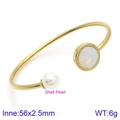 Bracelet jonc ouvert en titane doré avec perle de coquillage et pierre de verre colorée - Style Gemme Blanche Or (KB123069-K)