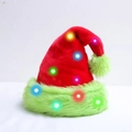 Red plush Christmas hat with green faux fur trim and colorful built-in LED lights - 45*32cm / New Red-Green Full LED Adult Multicolor