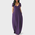 Deep purple short sleeve V-neck casual maxi dress for women in soft flowing fabric - L / Purple