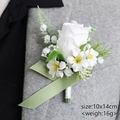 White rose boutonniere for wedding suit with green leaf accents and ribbon, size 10x14cm - White Rose Boutonniere