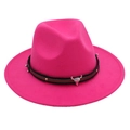 Detailed view of rose red fedora hat featuring a bull head buckle and ethnic braided band - Rose Red