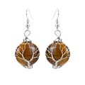 Macro view of handmade wire-wrapped tree of life earrings with brown tiger eye stones - Tiger's Eye