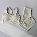 Gepolsterter Cross-Back Sport-BH und nahtlose High-Waist Yoga-Leggings in Beige Matt - S / Gebrochenes Weiß