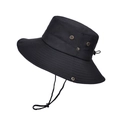 Black wide-brim sun hat with breathable metal eyelets and adjustable chin strap - Black