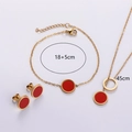Detail view of 18K gold plated jewelry set with measurements for necklace and bracelet - Red Shell Three Piece Set