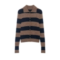 Women's knit polo cardigan with navy and brown stripes and soft fuzzy texture - S / Brown And Blue Stripes