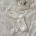 Creamy white cotton crew socks with pink heart embroidery and sweet ruffled cuffs - Heart Embroidery / White