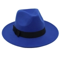 Detail of blue wool felt fedora hat featuring a classic black grosgrain ribbon bow - Sapphire Blue