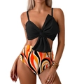 Two-piece bikini featuring a black twist knot top and high-waisted wavy print bottoms - Black Top Yellow Bottom