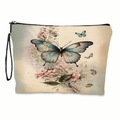 Neceser de maquillaje con estampado de mariposas y flores, cremallera negra y asa - Patrón de Mariposa Azul y Flor Rosa Con Correa de Muñeca (xy-018-03) / 17x25cm