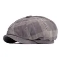 Retro grey-brown plaid corduroy newsboy cap with classic textured octagonal design - One Size / Grey Purple