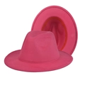 Rose pink wool fedora hat with flat brim and orange sweatband detail for women - Thickened Hardened Rose Red