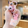 Pink cartoon bear doll keychain with quicksand liquid bottle and small pink bell - Pink Cute Bear - Tall Bottle