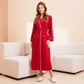 Luxurious red long-sleeved towel bathrobe with white piping and waist belt - Rouge Red (Women)
