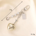 Exquisite heart and bow keychain with silver smiley, pearls and golden bar pendant - Silver Plated Heart + Tag Pendant