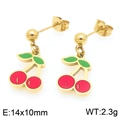 Golden cherry stud earrings with red and green enamel, size 14x10mm for summer look - Red Green Cherry Stud Earrings (KE225994-Z)