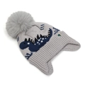 Detail view of grey knit toddler hat with ear flaps and navy blue dinosaur pattern - 3-8 Years / Light Gray