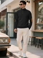 Men's dark gray long sleeve knit sweater with brown elbow patches and buttoned stand collar - Black