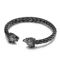 Men's black woven stainless steel cuff bracelet with wolf head ends in punk style - Black Wolf Head (KB125357-BDJX)