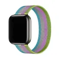Detail of Milanese Loop band featuring blue, white, purple, and green vertical stripes - 52 Bright Green With Purple White And Lake Blue / 38/40/41/42mm