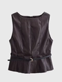 Detail of dark brown leather effect top with black belt and golden metallic buckle - XS / Sleeveless Top (With Belt)