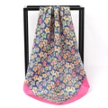 Floral navy blue satin silk scarf with vibrant orange flowers and hot pink border - Colorful Small Flowers Blue Base Rose Edge (SD90-10-4)