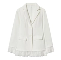 Detail of white slim-fit blazer showing delicate lace trim on sleeves and hem - S / White