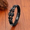Close-up of men's double-layer black leather bracelet with beaded tiger eye on wood - 23CM / Black Beaded