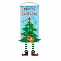Blue Merry Christmas hanging banner with cartoon tree playing guitar and striped long legs - Christmas Tree