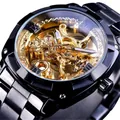 Forsining men's automatic mechanical watch with black steel strap and gold hollow dial - Black Band