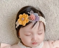 Crochet infant headband with yellow and pink wool flowers on white lace base - Style 03-Yellow Crochet