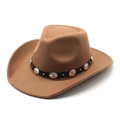 British style khaki wool felt cowboy hat with vintage metal studded leather belt - Khaki / M (56-58cm)