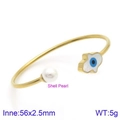 Gold-plated titanium steel open bangle with shell pearl and evil eye hamsa charm - Hamsa Hand Style (KB122998-K)