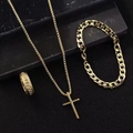Set gioielli hip-hop dorati con collana croce, bracciale a catena e anello con trama - Oro