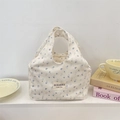 Borsa termica in tela con motivi floreali blu e manici, stile rustico e chic - Bianco