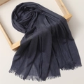 Detailed view of dark blue cotton linen scarf with soft fringe texture in a wooden frame - 180*100cm / Denim Blue (TH39-6)